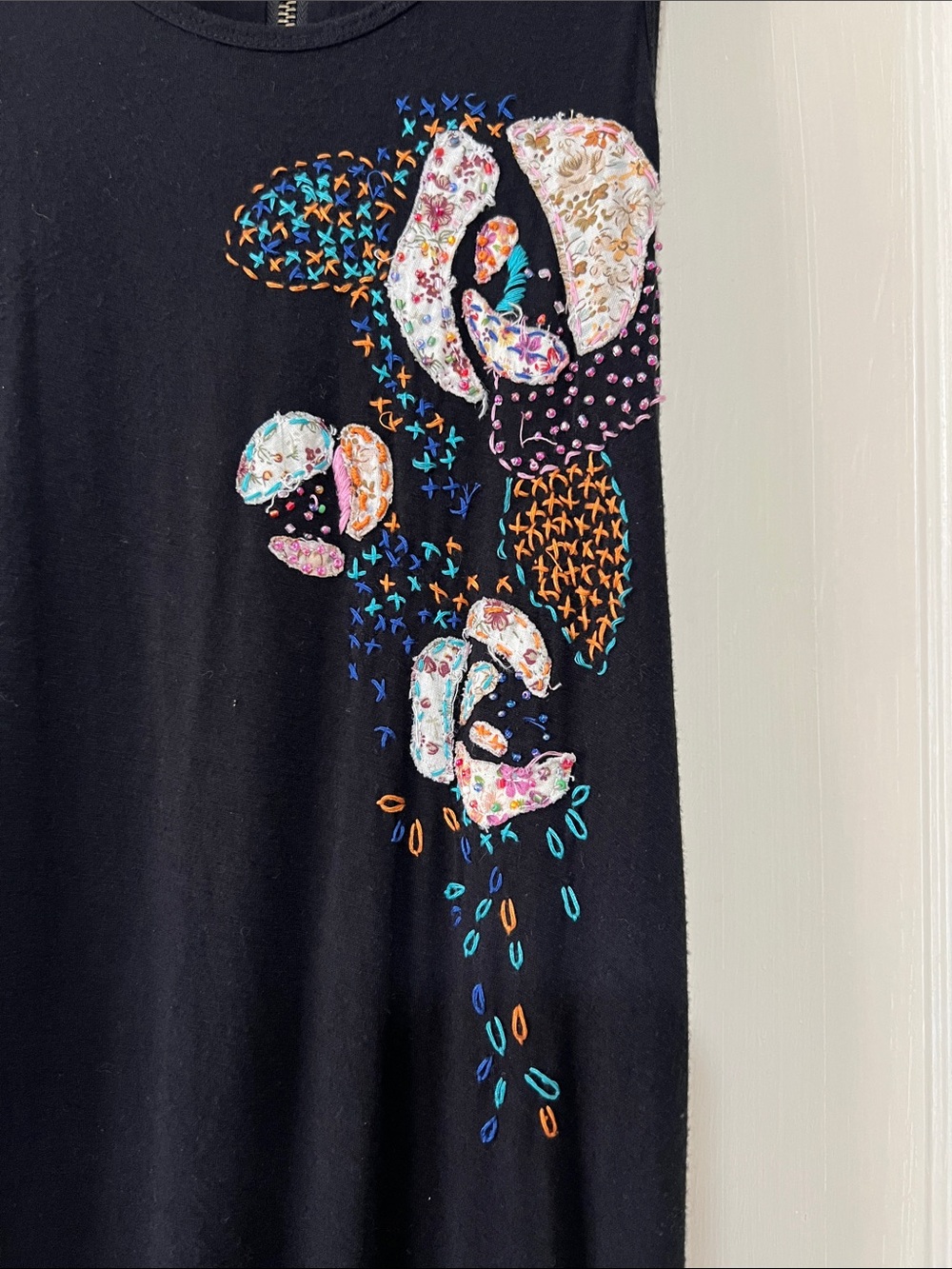 Double Zero Black Midi Jersey Dress with Multicolor Floral Motifs